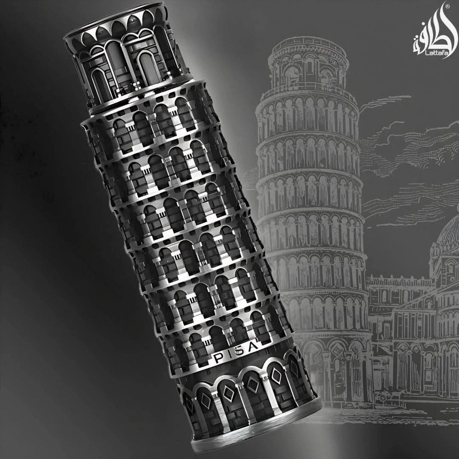 Lattafa Pisa Eau de Parfum spray 100ml bottle with elegant packaging and floral and woody fragrance elements.