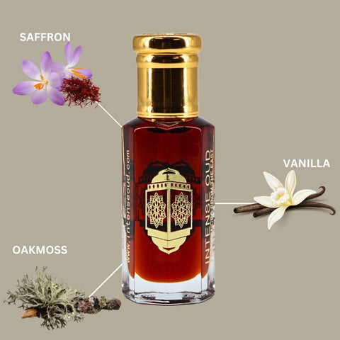 Mukhallat Al Zafran perfume oil by Intense Oud in a black gift box, 12ml loose oil bottle with intricate design.