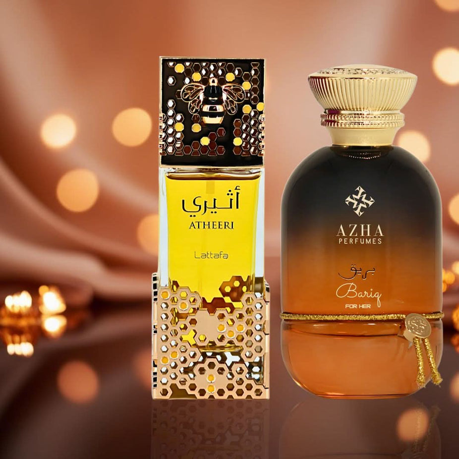 Bundle of Atheeri by Lattafa and Bariq by Azha Eau de Parfum sprays in 100ml bottles, featuring floral and fresh fragrance designs.