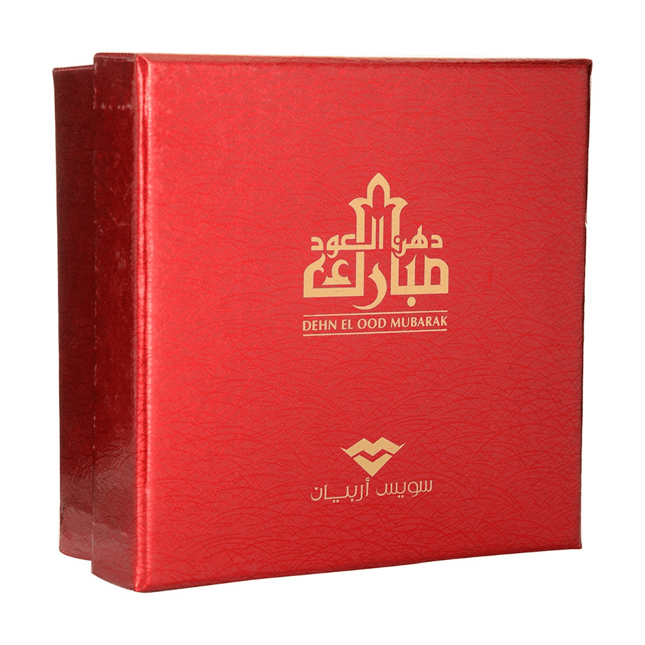 Swiss Arabian Dehn El Ood Mubarak perfume oil in 6ml CPO bottle, showcasing elegant packaging with traditional Arabic design.