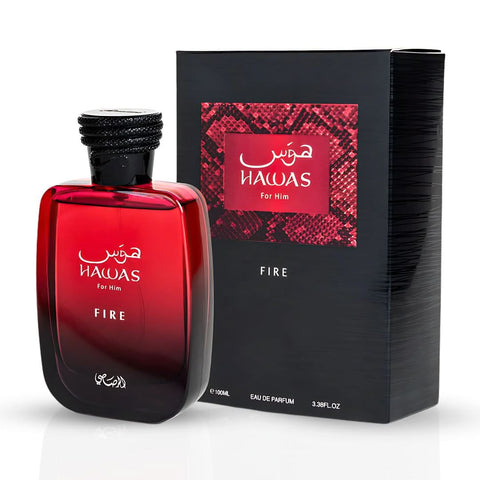 Three bottles of Rasasi Hawas Fire for Him Eau de Parfum spray, 100ml each, in a value pack.