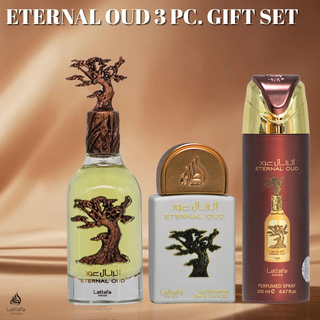 Lattafa Pride Eternal Oud 3-Piece Eau de Parfum Gift Set | Lush Fruit, Powdery Florals & Opulent Smoke (Gift Set) - Intense Oud