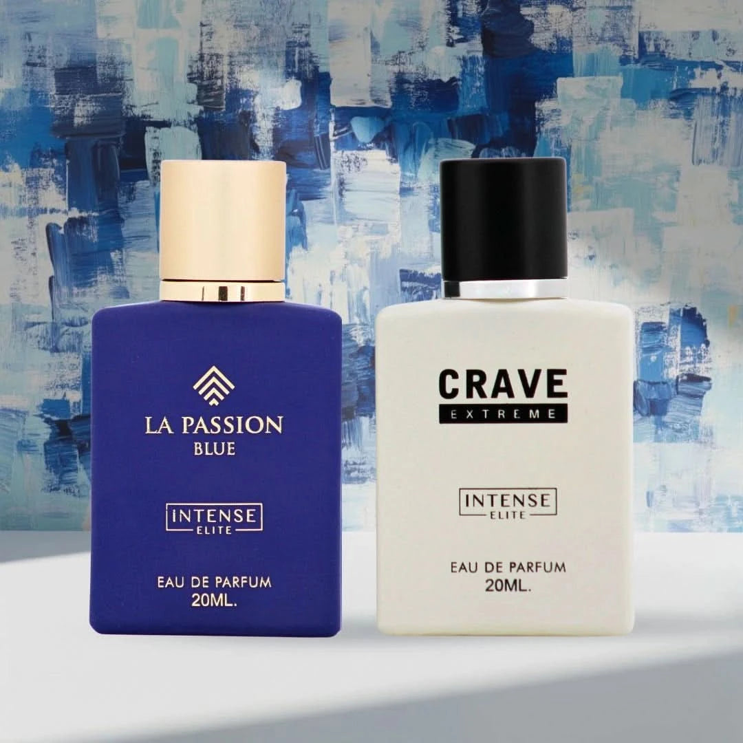 Bundle of two Intense Elite La Passion Blue and Crave Extreme Eau de Parfum sprays, 20ml each, featuring sleek fragrance bottles.