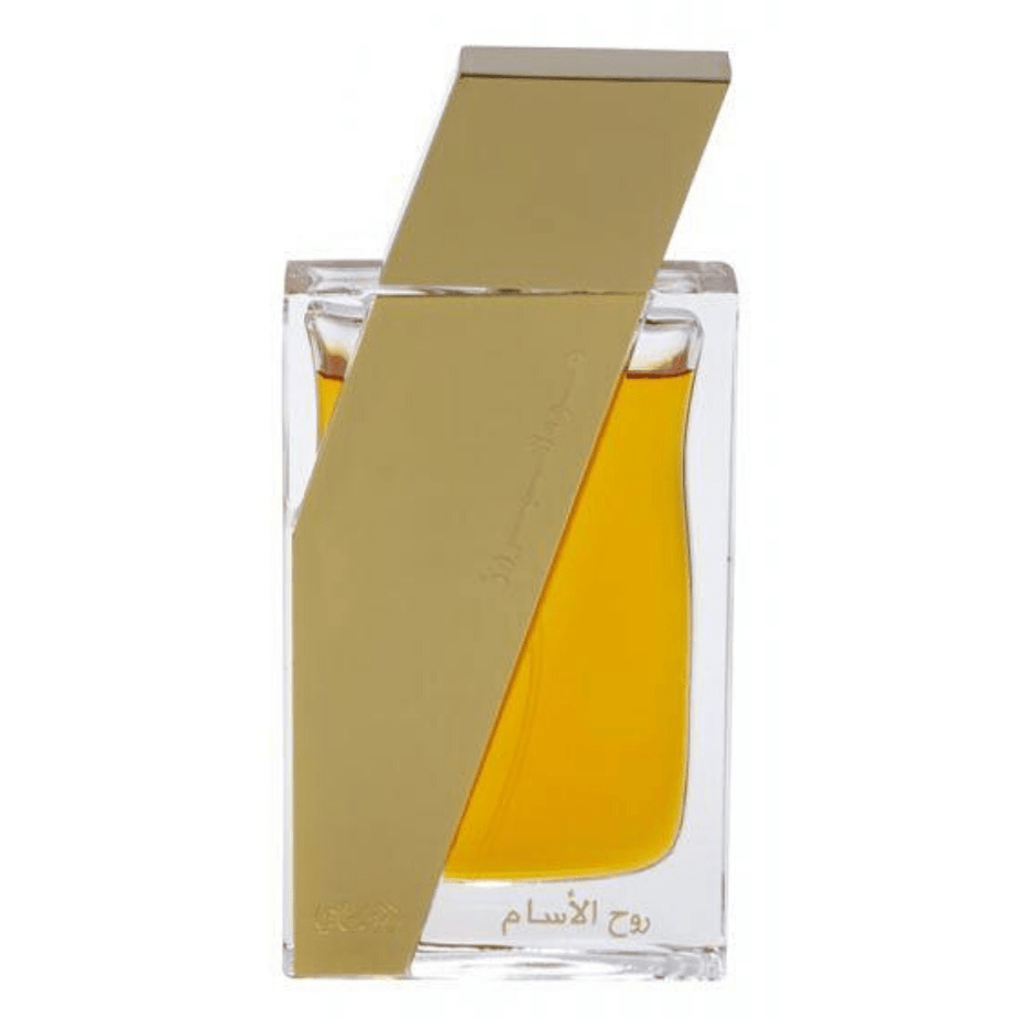 Rasasi Boruzz Rooh Al Assam Eau De Parfum 50ml bottle with elegant packaging and floral, woody fragrance details.