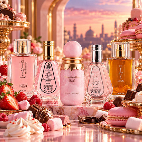 Bundle of 50ml perfume sprays including Choco Musk, Pink Blush, Yara, and Marshmallow Blush by Intense Oud and Ard Al Zaafaran.