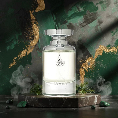 Arabian Oud Diwan Eau de Parfum spray 100ml bottle, elegant design, showcasing the luxurious fragrance and branding.