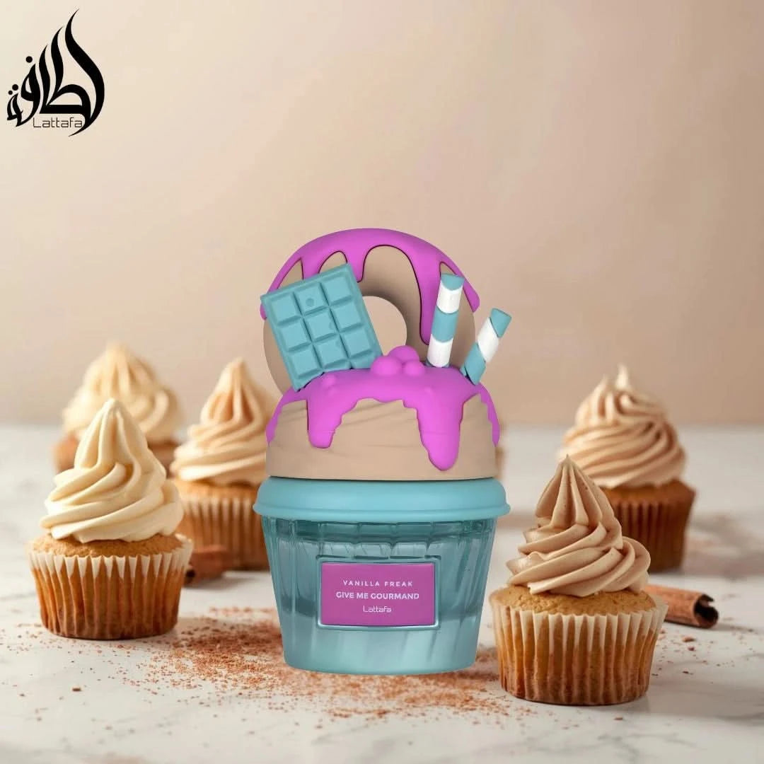 Lattafa Vanilla Freak Eau de Parfum spray in a velvet pouch, 75ml bottle with elegant design and vanilla scent.