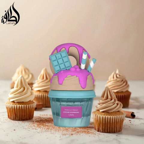 Lattafa Vanilla Freak Eau de Parfum spray in a velvet pouch, 75ml bottle with elegant design and vanilla scent.