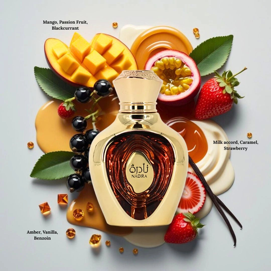 Niche Emarati Nadira Eau De Parfum Spray 100ml (3.4 oz) by Lattafa | Tropical Fruit. Caramel Kisses. Milk-Soaked. Heaven-Scented. - Intense Oud