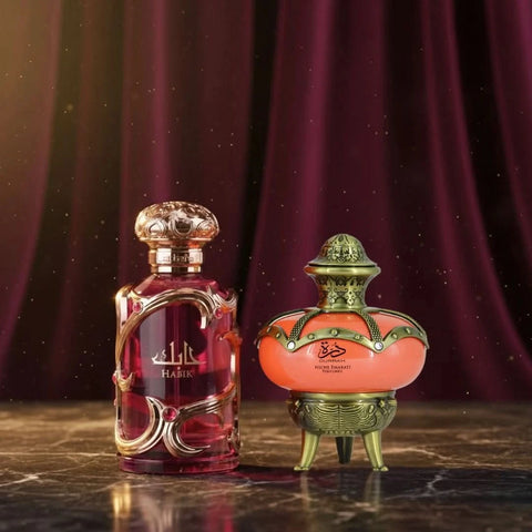 Lattafa Habik for Women and Niche Emarati Durrah Eau de Parfum spray bundle, featuring two elegant 100ml bottles.