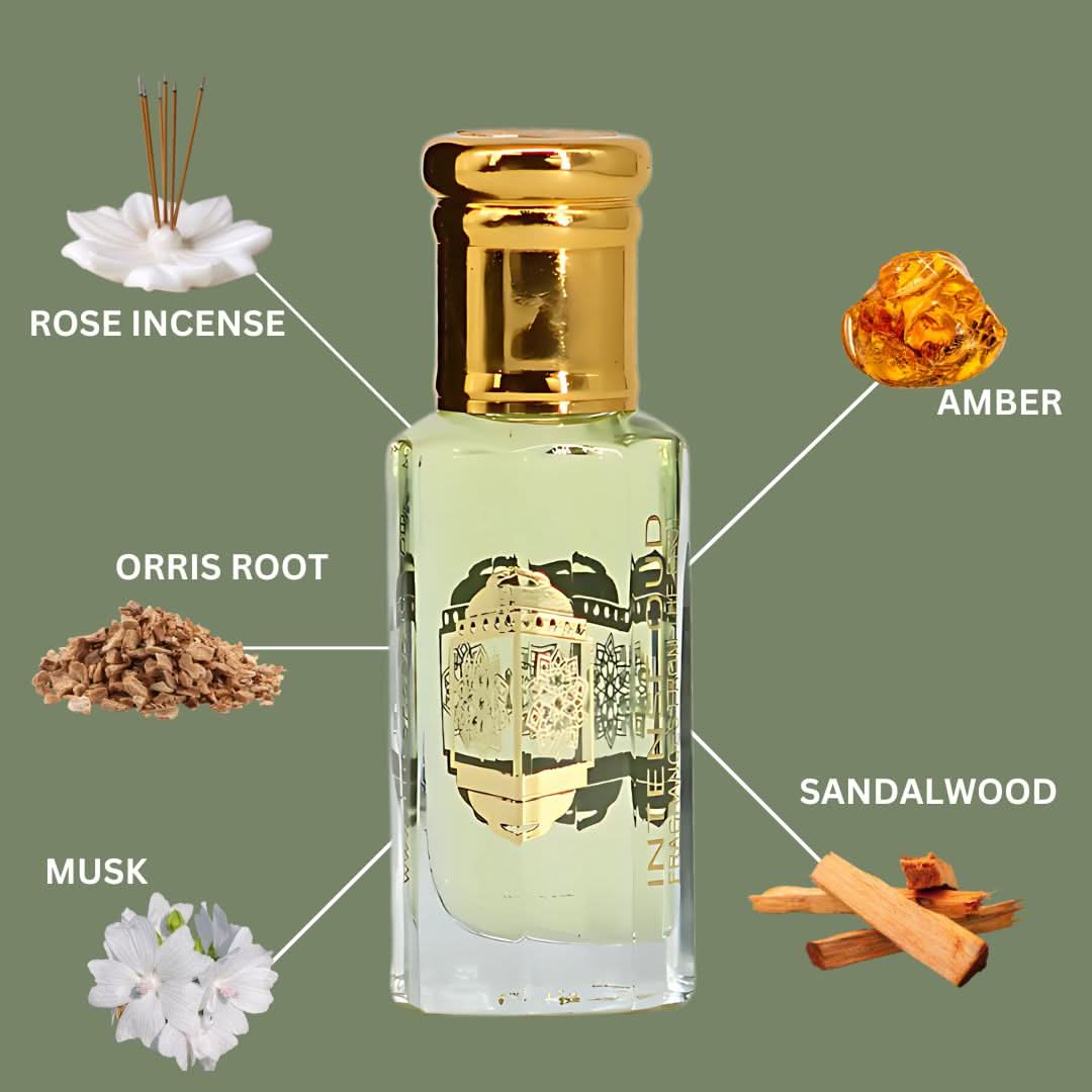 Intense Oud Musk Al Bakhoor perfume oil in a 12ml bottle with a black gift box, featuring elegant loose oil packaging.