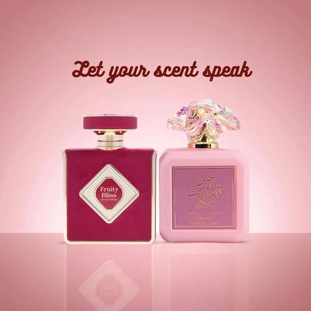 Bundle of Fruity Bliss and Pink Blush Shams Al Emarat Eau de Parfum sprays by Intense Oud, featuring floral and fruity fragrance bottles.