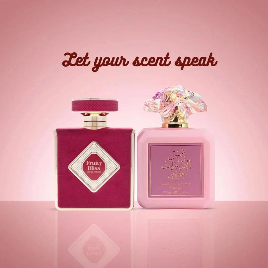 Bundle of Fruity Bliss Eau de Parfum by Elite Risala and Pink Blush Shams Al Emarat by Ard Al Zaafaran, 100ml each, Intense Oud.