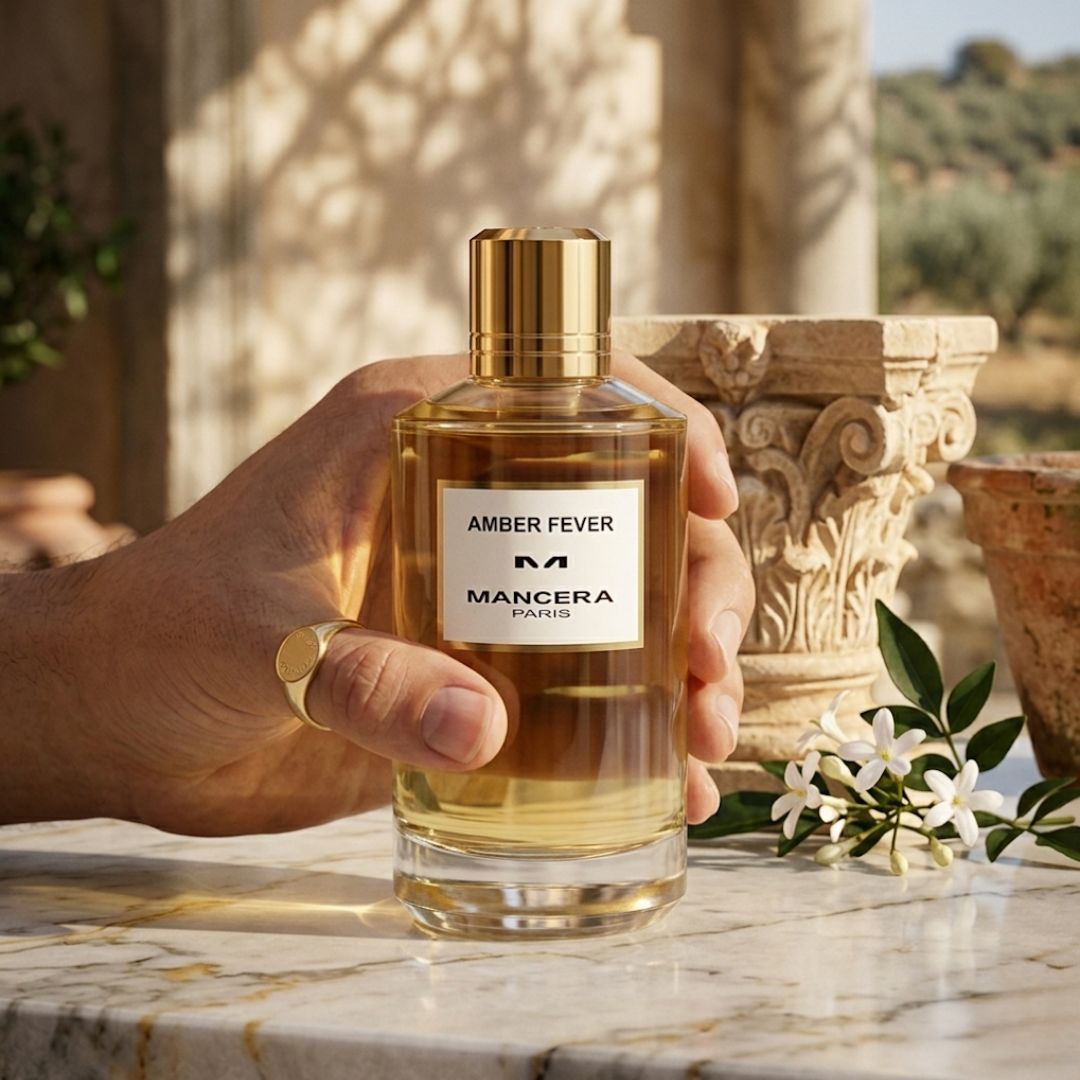 Mancera Amber Fever Eau de Parfum spray bottle, 120ml, featuring a luxurious amber-colored perfume in a sleek glass container.