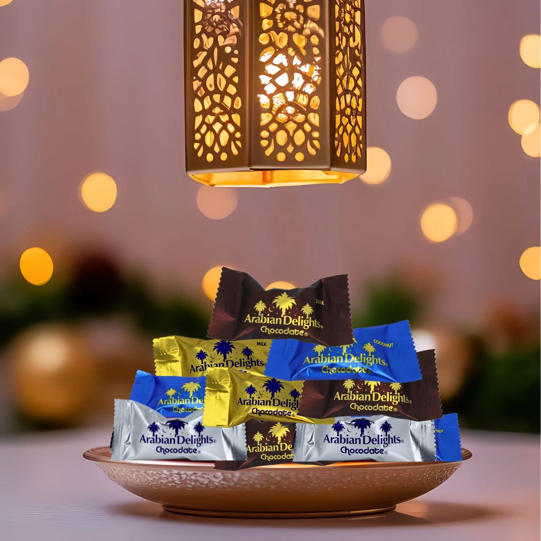 Arabian Delights Chocodate Assorted Pouch 460 GMS by Intense Delish | A Variety of Milk, Dark, White & Coconut Flaked Chocolates with Almond-Stuffed Dates Coated in Chocolate. - Intense Oud