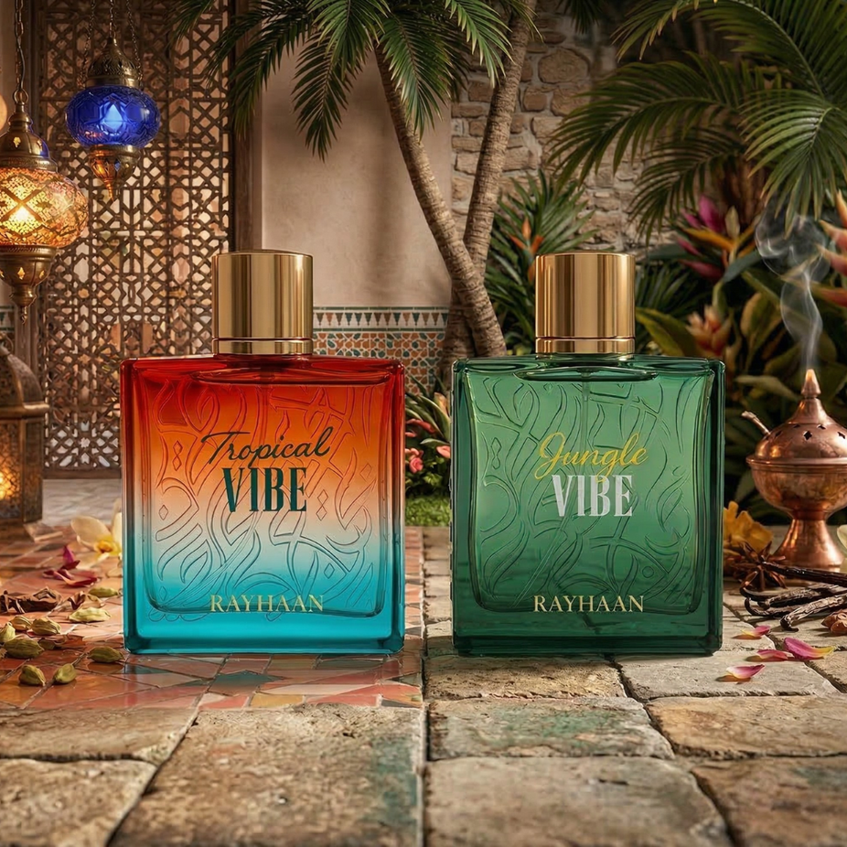 Rayhaan Tropical and Jungle Vibe Eau de Parfum Spray bundle, 100ml, featuring vibrant tropical and jungle-inspired fragrance bottles.