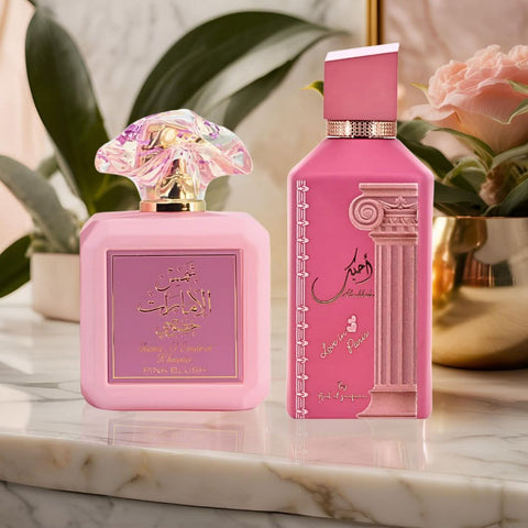 Ard Al Zaafaran Pink Blush Shams Al Emarat and Love In Paris Eau de Parfum spray bundle, featuring two 100ml perfume bottles.