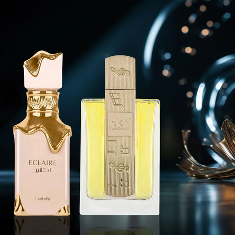 Eclaire & Angham Eau de Parfum Sprays, 100ml (3.4 oz) by Lattafa | Caramel Comfort Meets Spiced Sophistication (Bundle) - Intense Oud