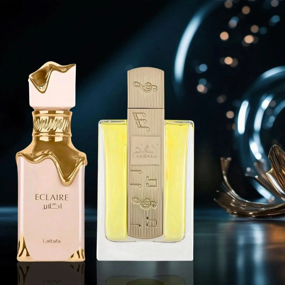 Lattafa Eclaire & Angham Eau de Parfum Spray bundle, 100ml bottles, elegant packaging, showcasing the perfume bottles.