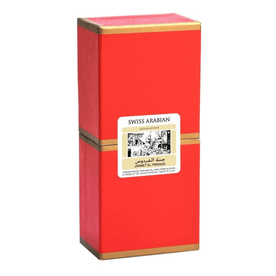Swiss Arabian Jannet El Firdaus Red Perfume Oil, 9 ML CPO, featuring vibrant red bottle and elegant packaging.