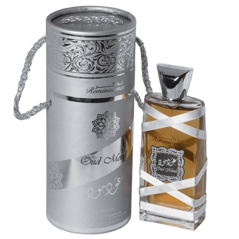 Lattafa Oud Mood Reminiscence EDP 100ML bottle with elegant packaging and a luxurious fragrance design.