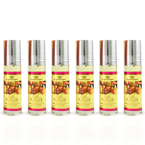 Six bottles of Al Rehab Fruit Perfume Oil CPO 6ml, concentrated fragrance with colorful packaging in a box.
