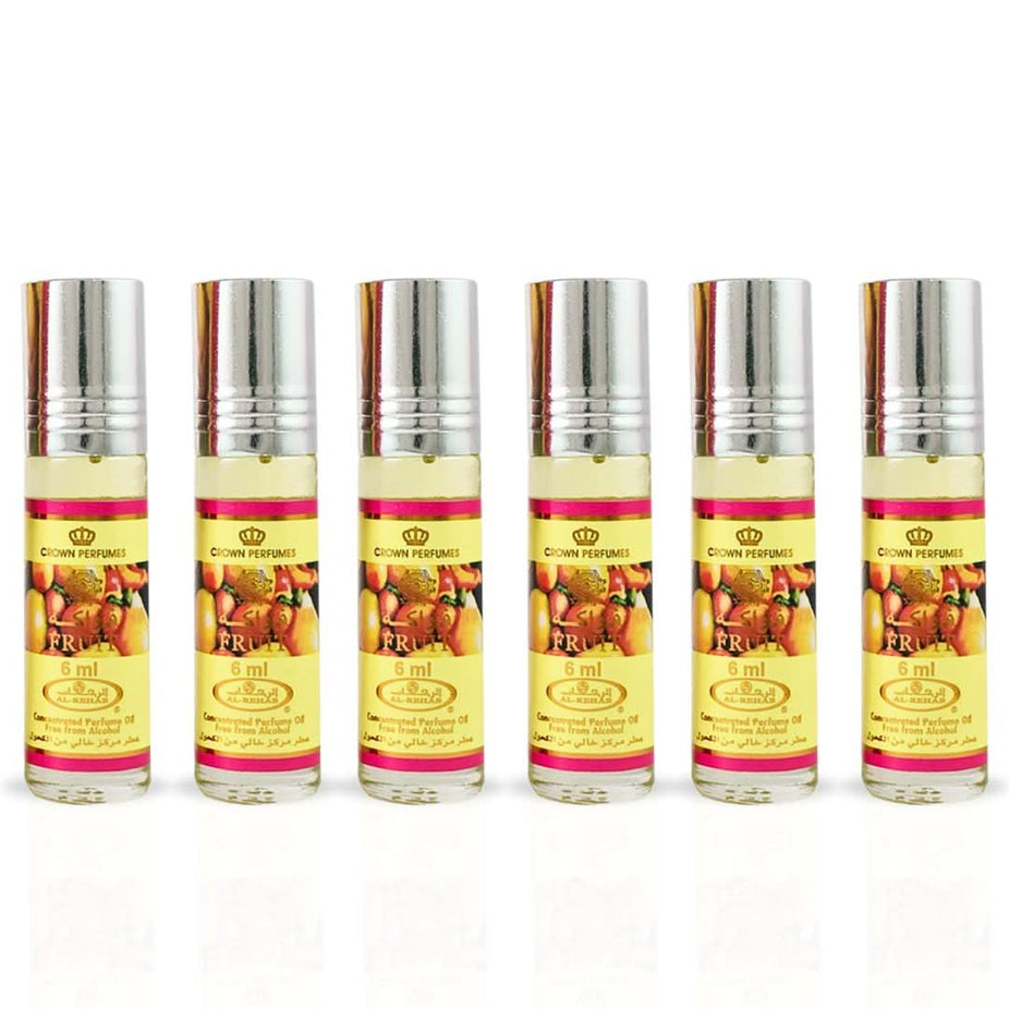 Six 6ml bottles of Al Rehab Fruit Perfume Oil CPO, concentrated perfume oil with colorful packaging in a box.