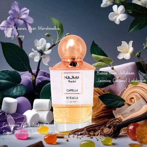 Najma Capella Eau de Parfum Spray by RISALA in 100ml bottle, showcasing the elegant fragrance bottle design.