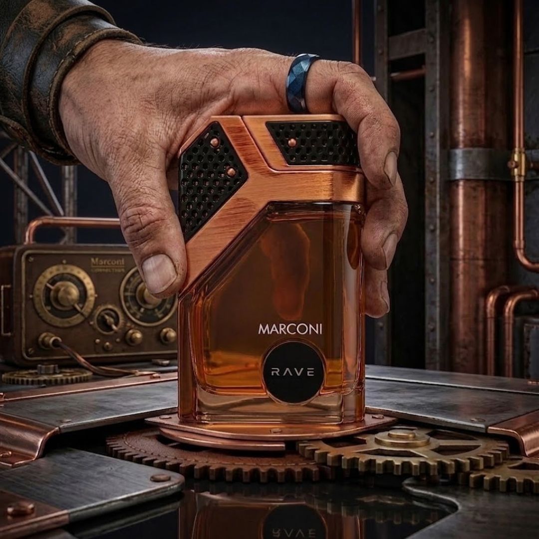 RAVE Marconi Eau de Parfum Spray 100ml bottle with sleek packaging and elegant design, showcasing the perfume product.
