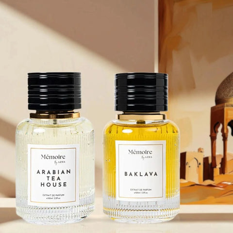 AZHA Arabian Tea House & Baklava perfume spray bundle from the Memoire Collection, featuring elegant 100ml fragrance bottles.