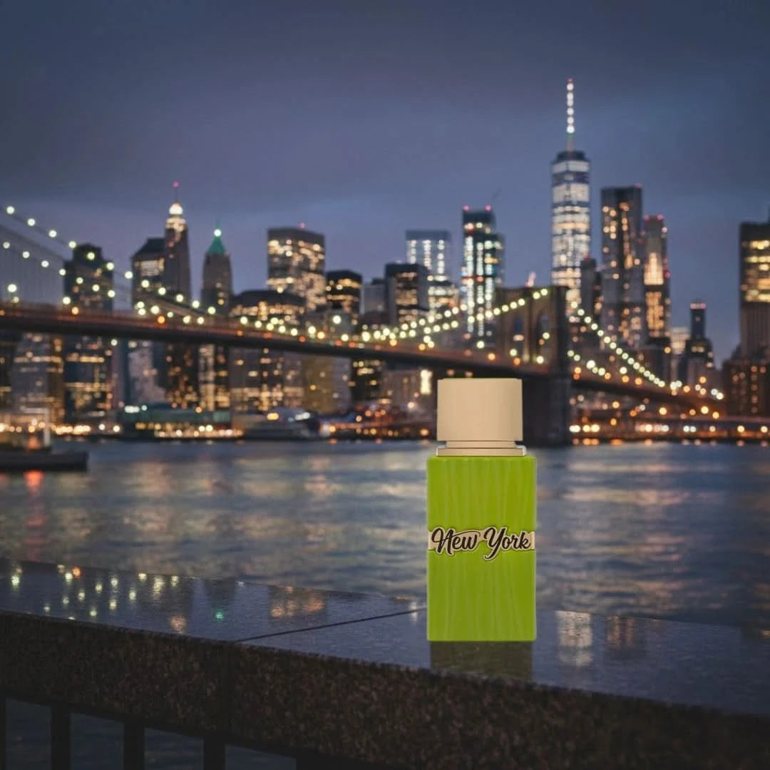 Hamidi New York Life Eau de Parfum Spray 100ml in velvet pouch, elegant glass bottle with floral and citrus notes.