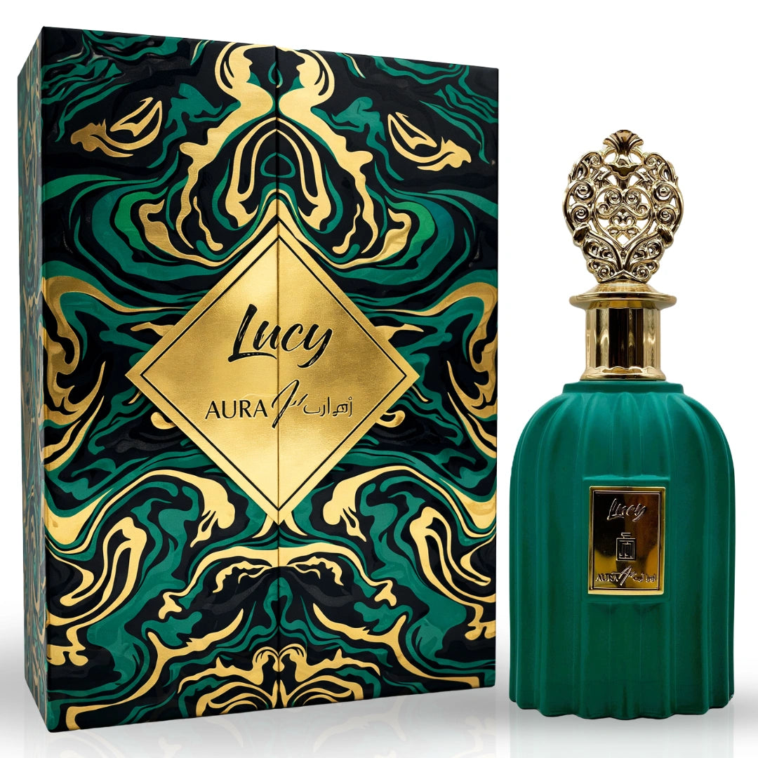 The Gourmand Bundle featuring Amiri Rahaf, Aura Art Lucy, and Ghalya Amiri Eau de Parfum sprays by Intense Oud, 100ml each.