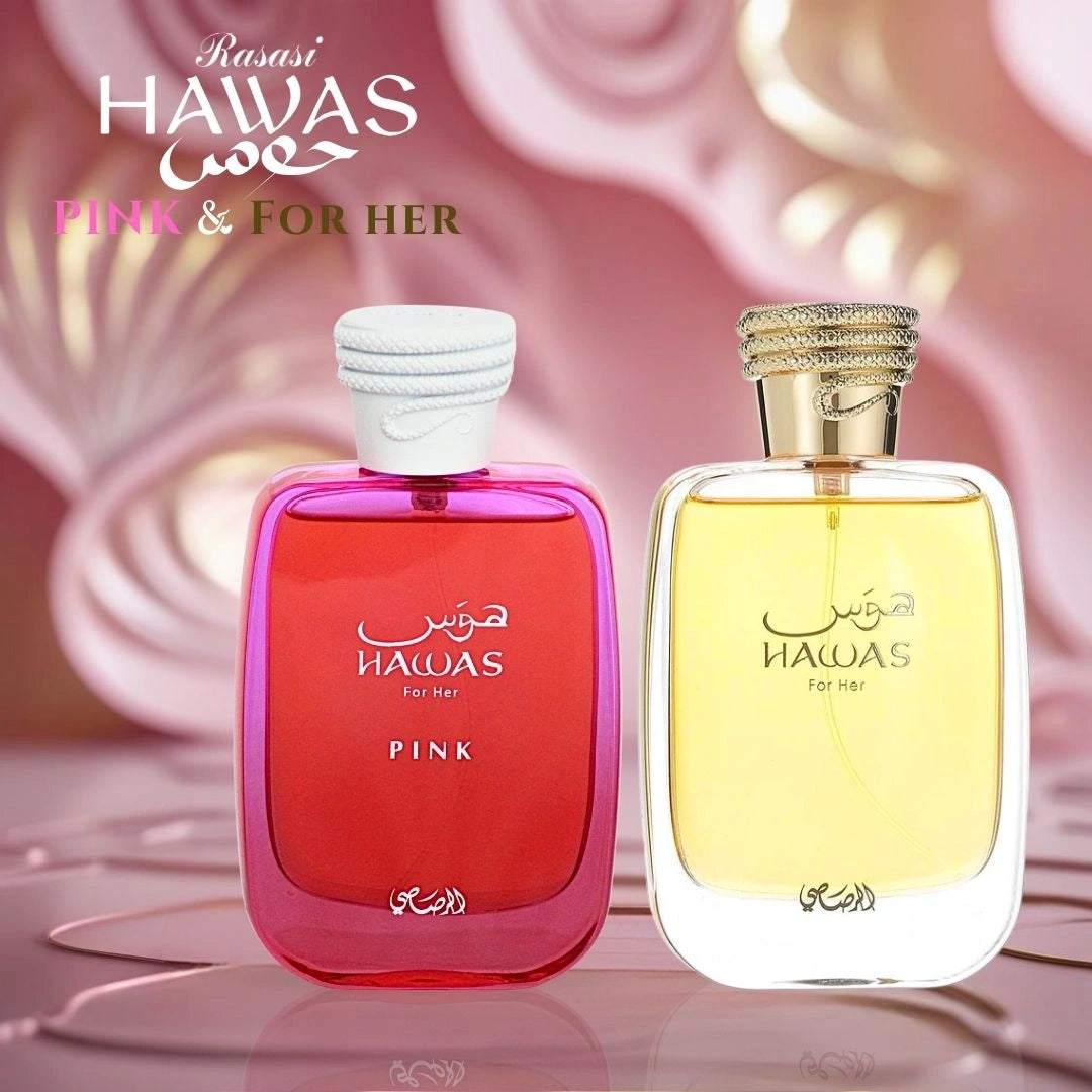 Hawas Pink & Hawas For Her Eau de Parfum Sprays 100ml (3.4 oz) by Rasasi | A Fragrance Pair That Redefines Luxury for Her (Bundle) - Intense Oud
