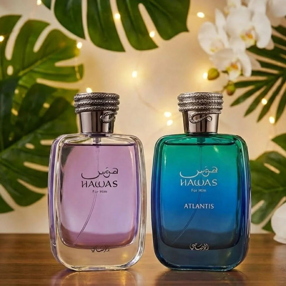 Rasasi Hawas for Him & Hawas Atlantis Eau de Parfum bundle, 100ml spray bottles, elegant packaging with sleek design.