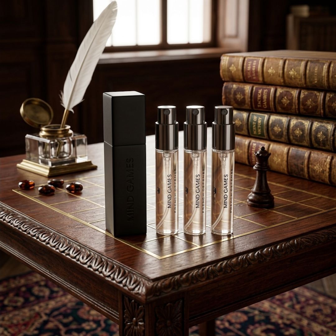 French Defense Travel Trio by Mind Games includes three 7.5ml bottles of game product in a compact collection.