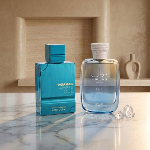 Amber Oud Aqua Dubai Extrait de Parfum By Al Haramain & Hawas Ice for Men Eau de Parfum by Rasasi Sprays 100ml (3.4 oz) (Bundle)