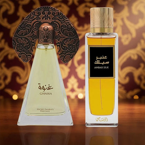 Bundle of Lattafa Niche Emarati Ghinwa 100ml and Rasasi Ambar Silk 200ml Eau de Parfum sprays, featuring elegant fragrance bottles.