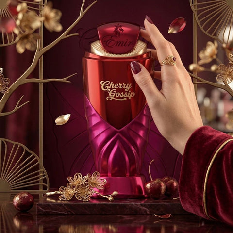 Cherry Gossip Eau de Parfum spray by Paris Corner, 100ml, featuring a sleek perfume bottle with cherry and floral notes.
