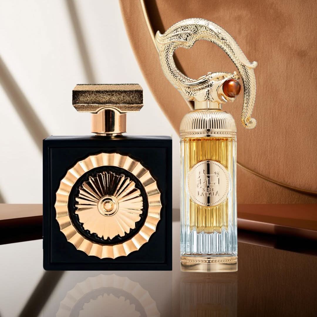 Bundle of two Lattafa Nebras & Sehr Eau de Parfum sprays, 100ml each, featuring elegant bottles and fragrance details.