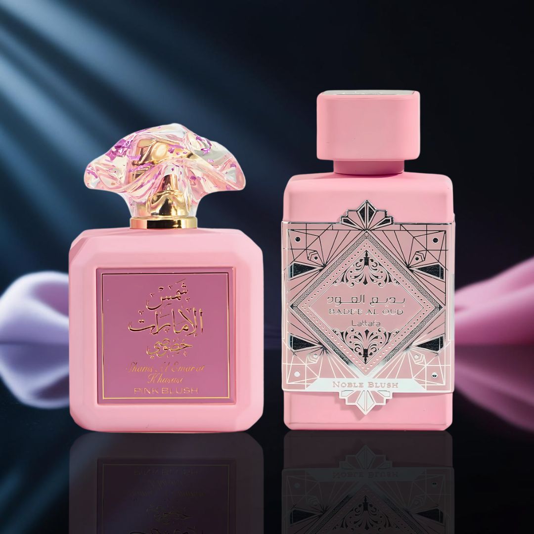 Pink Blush Shams Al Emarat Khususi by Ard Al Zaafaran & Bad'ee Al Oud Noble Blush by Lattafa - Eau De Parfum Sprays 100ML (3.4 OZ) | A Luxurious Duo of Fruity Florals & Creamy Gourmands (Bundle) - Intense Oud