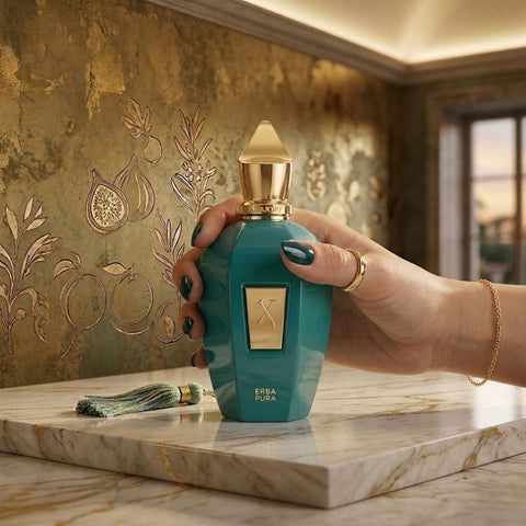 Xerjoff Erba Pura Eau de Parfum spray 100ml bottle with elegant packaging and fragrance details visible.