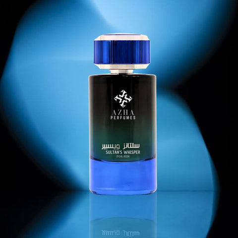 Azha Sultan's Whisper for Him Eau de Parfum spray 100ml, elegant bottle with a sleek design and subtle fragrance details.
