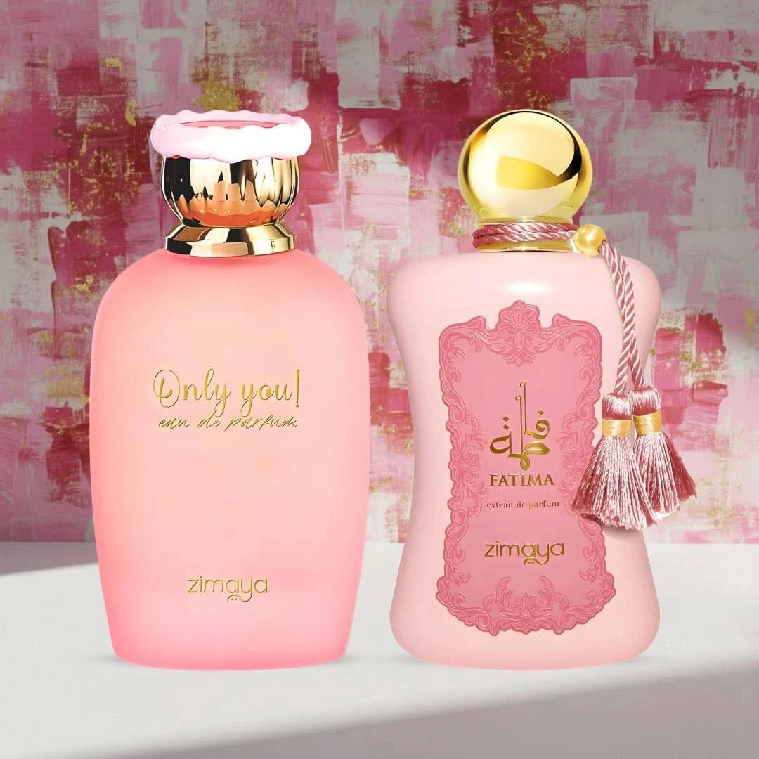 Zimaya Only You Eau de Parfum and Fatima Pink Extrait De Parfum bundle 100ml spray bottles, elegant packaging, luxurious fragrances.