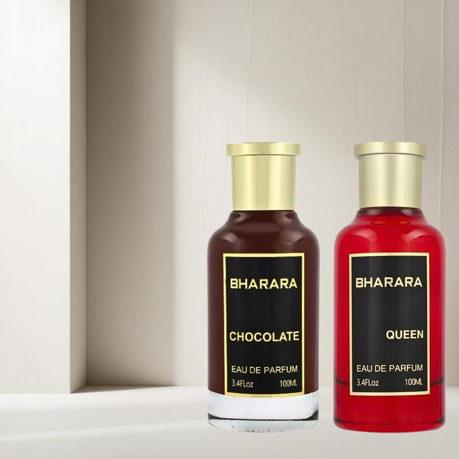 Bharara Chocolate & Bharara Queen Eau de Parfum spray bundle featuring two 100ml bottles with elegant packaging.