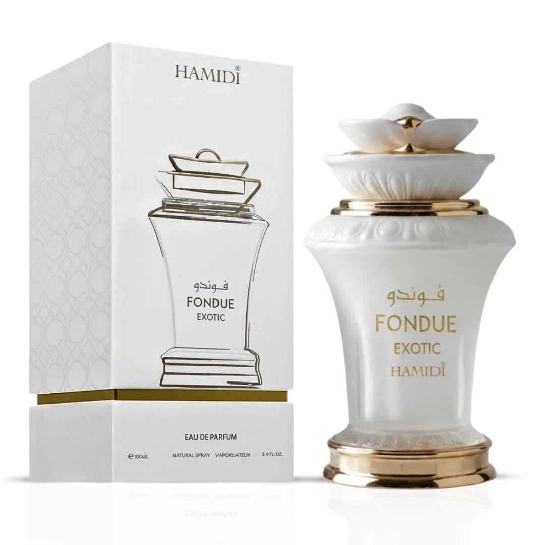 Hamidi Ghalya Amiri, Rahaf & Fondue Exotic Eau de Parfum bundle, 100ml bottles, featuring elegant fragrance sprays.