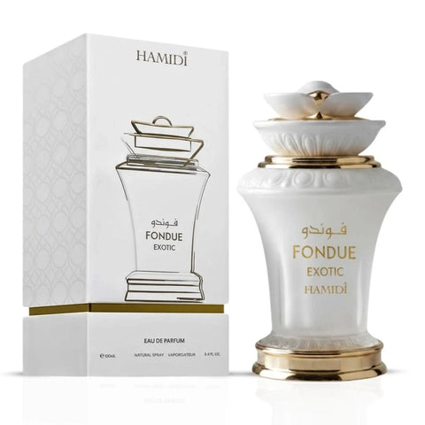 Hamidi Ghalya Amiri, Rahaf & Fondue Exotic Eau de Parfum bundle, 100ml bottles, featuring elegant fragrance sprays.