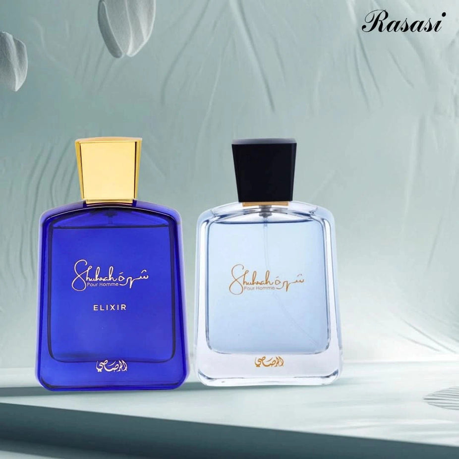 Rasasi Shuhrah Pour Homme and Shuhrah Elixir Pour Homme eau de parfum spray bundle, featuring two 90ml bottles of men's fragrances.