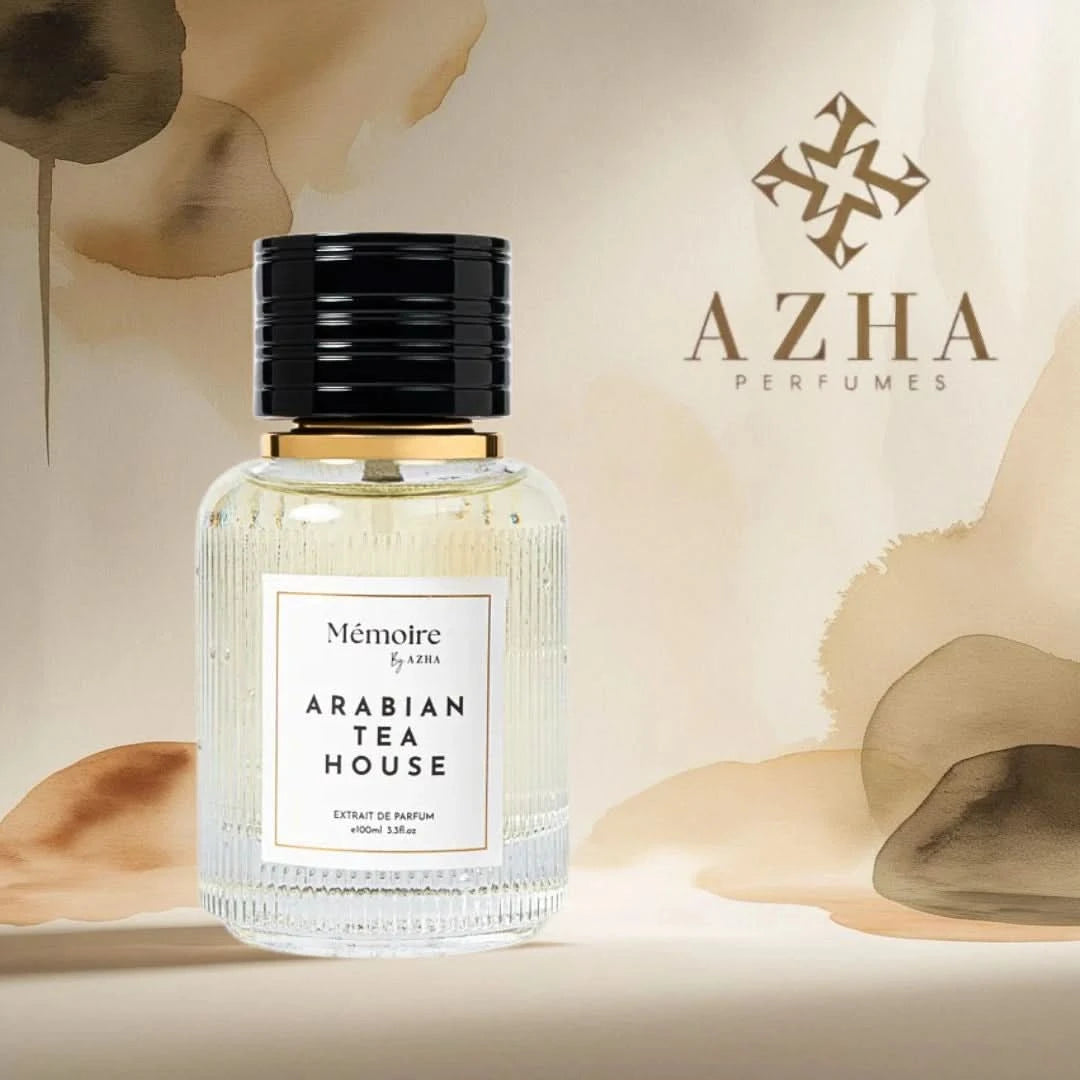 AZHA Arabian Tea House Extrait de Parfum Spray 100ml from Memoire Collection, shown with velvet pouch, elegant and luxurious fragrance.