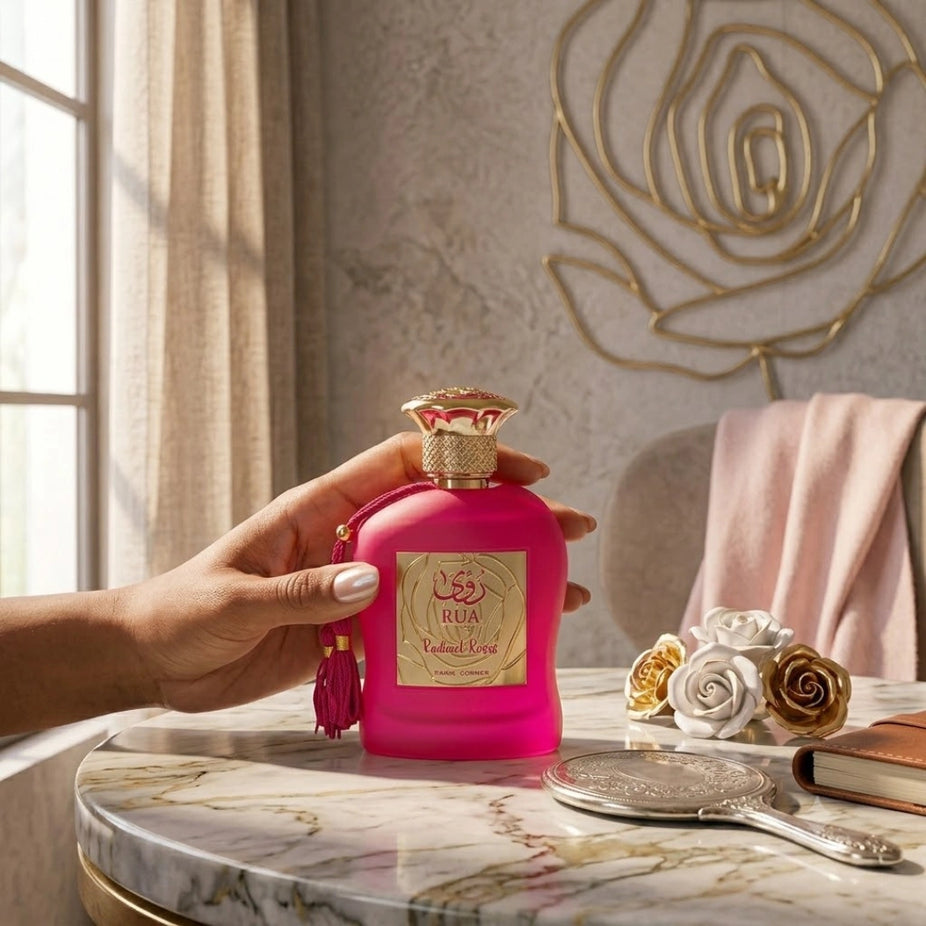 Rua Radiant Roses Eau de Parfum spray by Paris Corner, 100ml, featuring a clear glass bottle with a floral rose design.