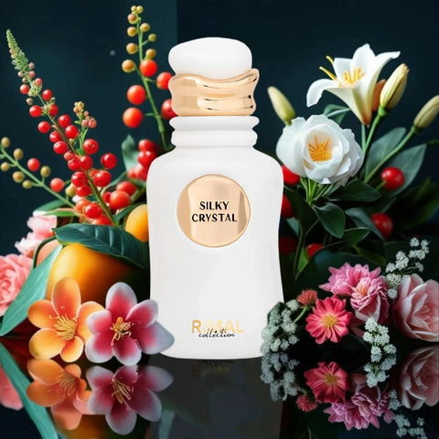 Rimal Collection Silky Crystal Eau de Parfum spray bottle, 100ml, with a sleek transparent glass design and elegant fragrance label